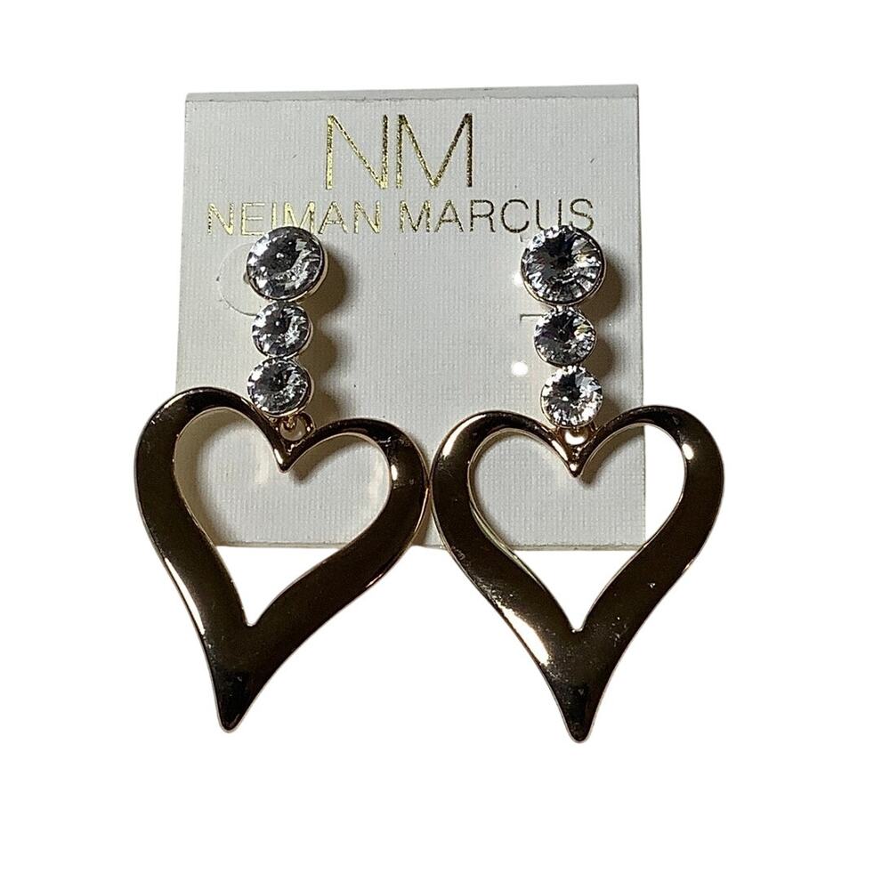 Neiman Marcus Gold Crystal Heart Dangle Drop Earrings Statement Cocktail A5-30